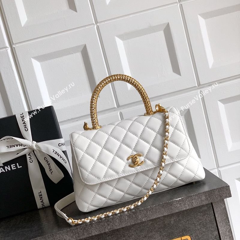 Chanel Coco Handle Calfskin Small Flap Bag with Woven Top with Strass White 2025 (yezi-250812011)