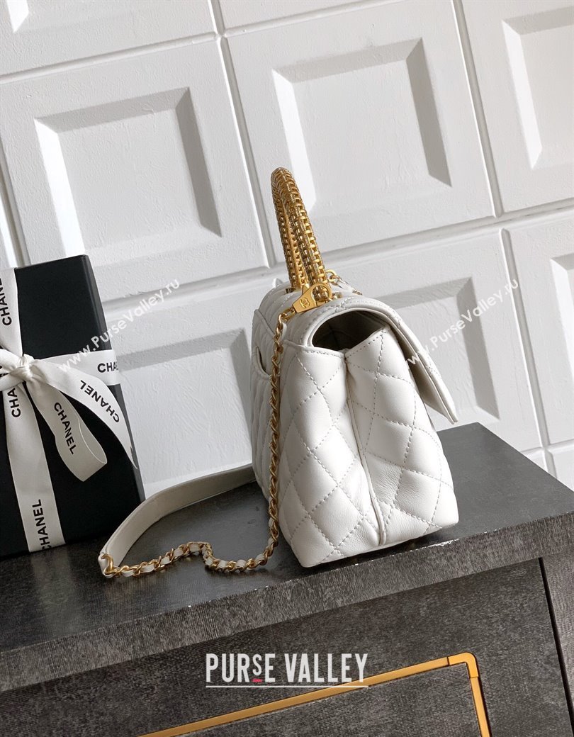 Chanel Coco Handle Calfskin Small Flap Bag with Woven Top with Strass White 2025 (yezi-250812011)