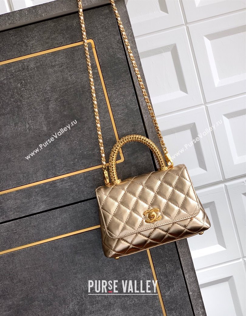 Chanel Coco Handle Calfskin Mini Flap Bag with Woven Top with Strass AS2215 Gold 2025 (yezi-250812013)