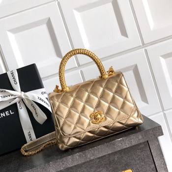 Chanel Coco Handle Calfskin Mini Flap Bag with Woven Top with Strass AS2215 Gold 2025 (yezi-250812013)