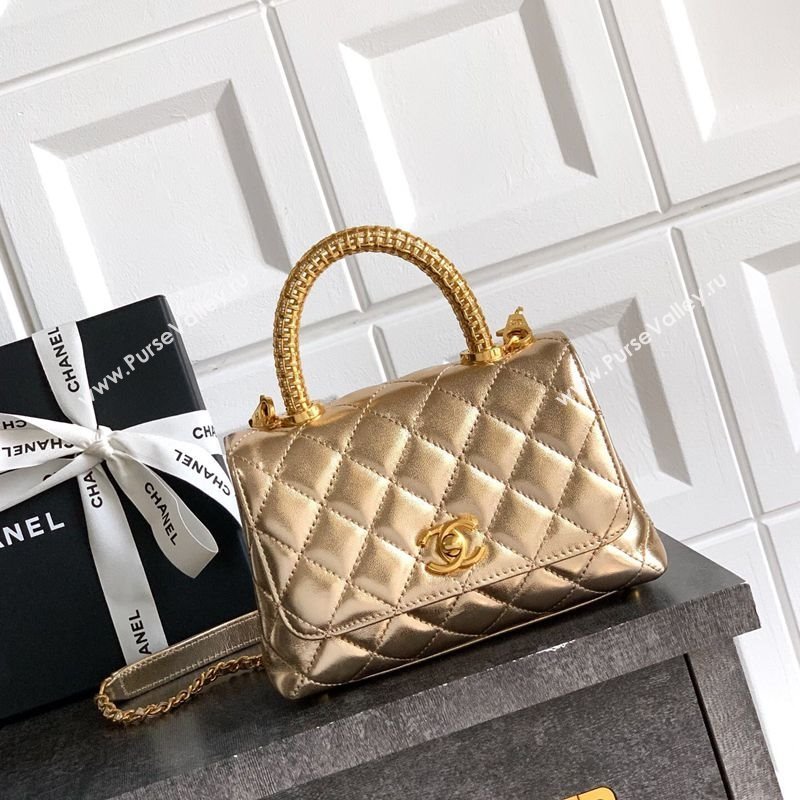 Chanel Coco Handle Calfskin Mini Flap Bag with Woven Top with Strass AS2215 Gold 2025 (yezi-250812013)