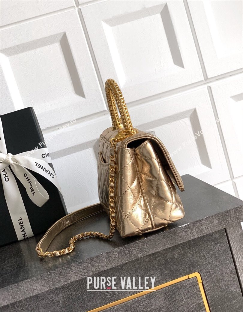 Chanel Coco Handle Calfskin Mini Flap Bag with Woven Top with Strass AS2215 Gold 2025 (yezi-250812013)