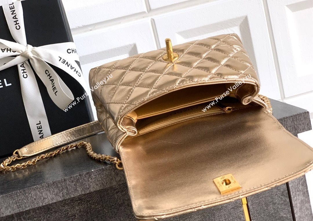 Chanel Coco Handle Calfskin Mini Flap Bag with Woven Top with Strass AS2215 Gold 2025 (yezi-250812013)