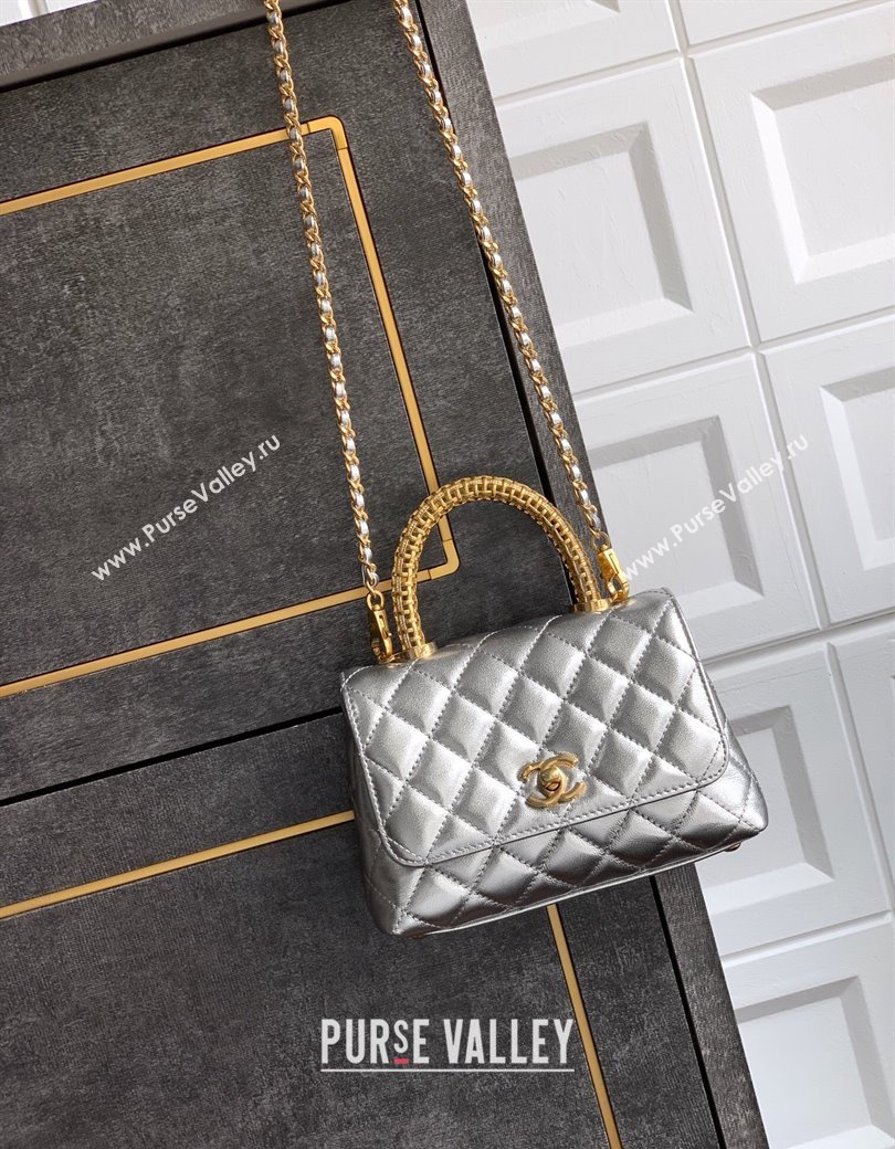 Chanel Coco Handle Calfskin Mini Flap Bag with Woven Top with Strass AS2215 Silver 2025 (yezi-250812014)