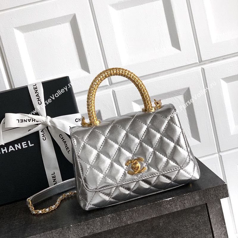 Chanel Coco Handle Calfskin Mini Flap Bag with Woven Top with Strass AS2215 Silver 2025 (yezi-250812014)