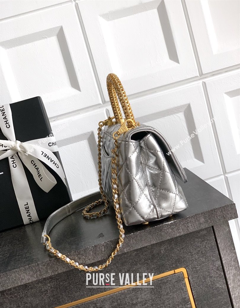 Chanel Coco Handle Calfskin Mini Flap Bag with Woven Top with Strass AS2215 Silver 2025 (yezi-250812014)