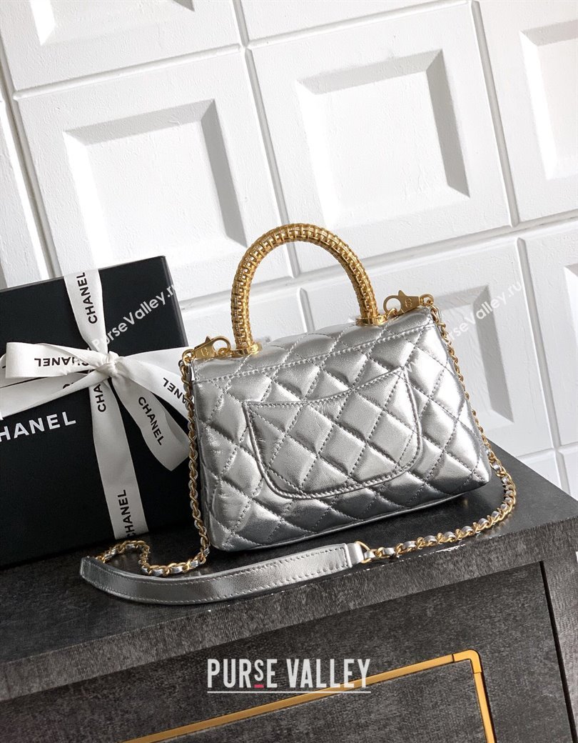 Chanel Coco Handle Calfskin Mini Flap Bag with Woven Top with Strass AS2215 Silver 2025 (yezi-250812014)