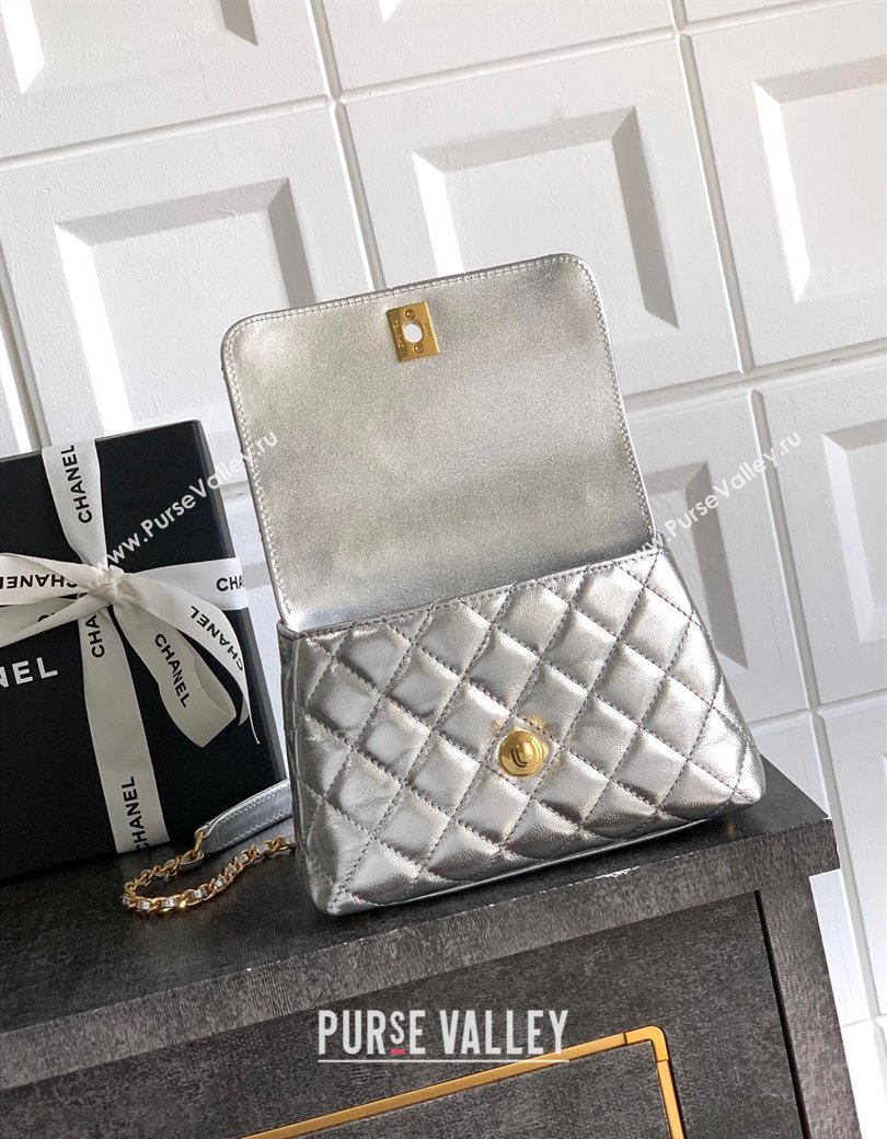 Chanel Coco Handle Calfskin Mini Flap Bag with Woven Top with Strass AS2215 Silver 2025 (yezi-250812014)