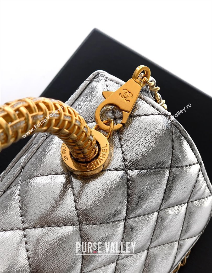 Chanel Coco Handle Calfskin Mini Flap Bag with Woven Top with Strass AS2215 Silver 2025 (yezi-250812014)