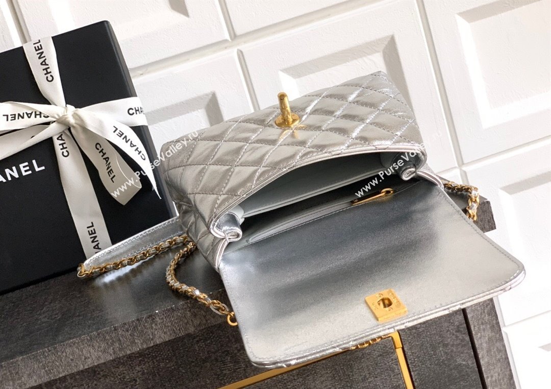 Chanel Coco Handle Calfskin Mini Flap Bag with Woven Top with Strass AS2215 Silver 2025 (yezi-250812014)