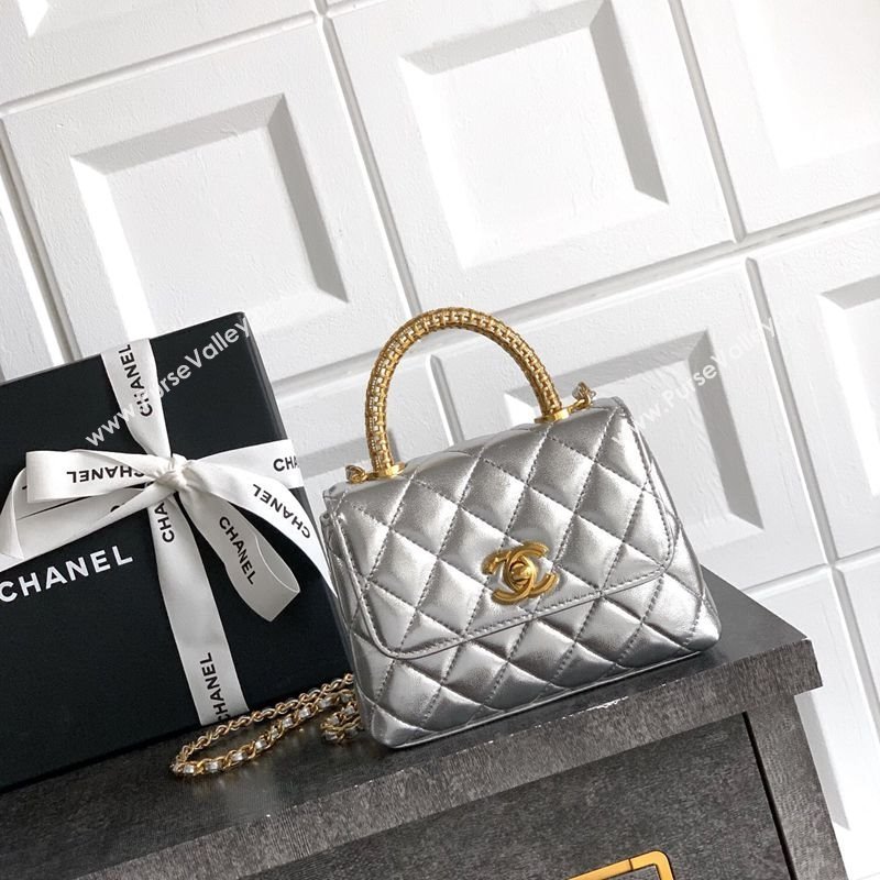 Chanel Coco Handle Calfskin Micro Flap Bag with Woven Top with Strass Silver 2025 (yezi-250812018)