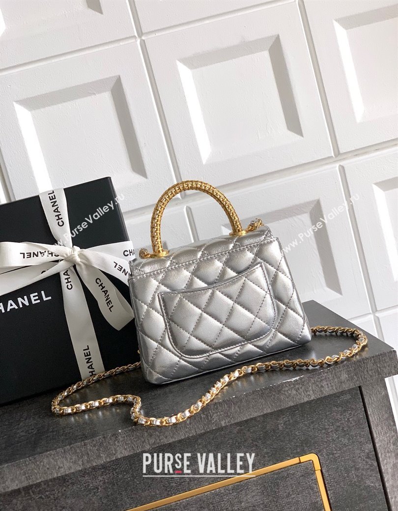 Chanel Coco Handle Calfskin Micro Flap Bag with Woven Top with Strass Silver 2025 (yezi-250812018)
