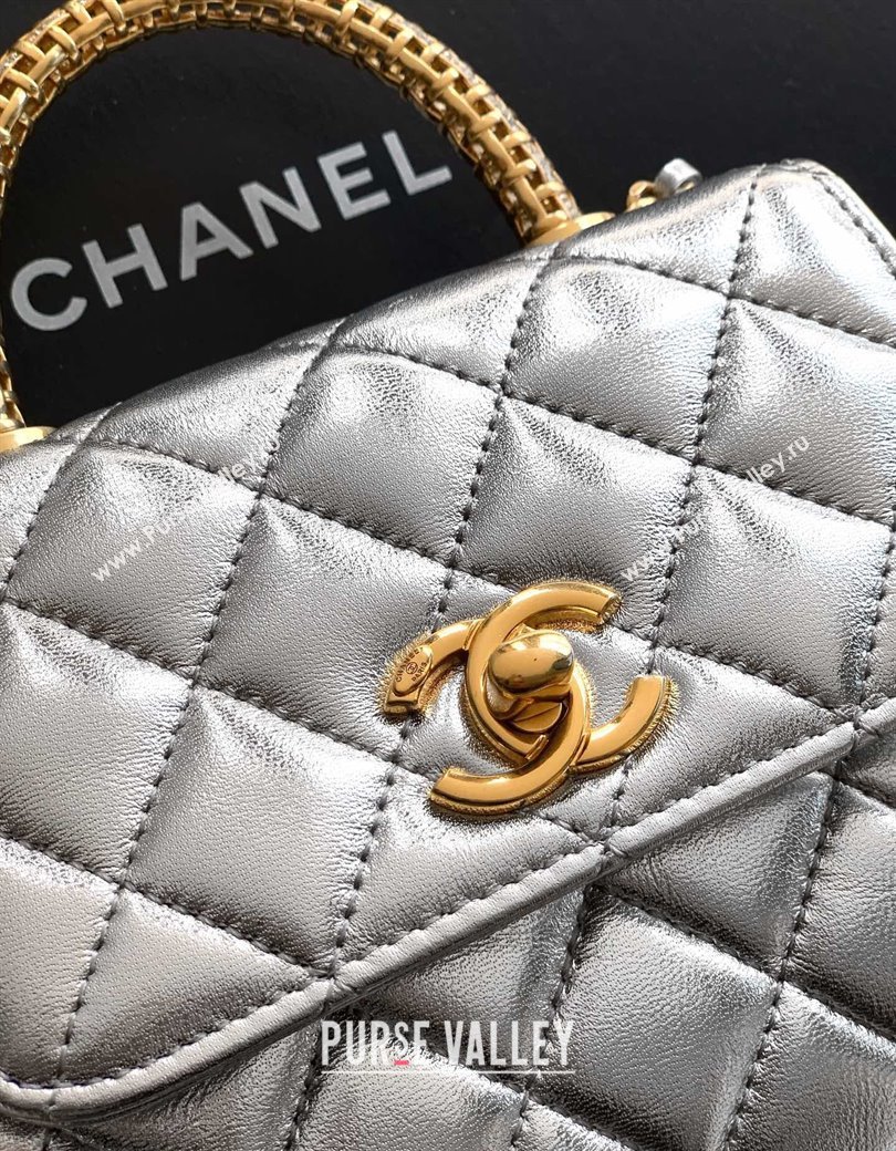 Chanel Coco Handle Calfskin Micro Flap Bag with Woven Top with Strass Silver 2025 (yezi-250812018)