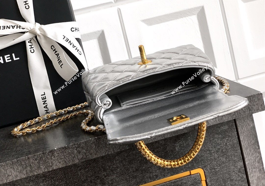 Chanel Coco Handle Calfskin Micro Flap Bag with Woven Top with Strass Silver 2025 (yezi-250812018)