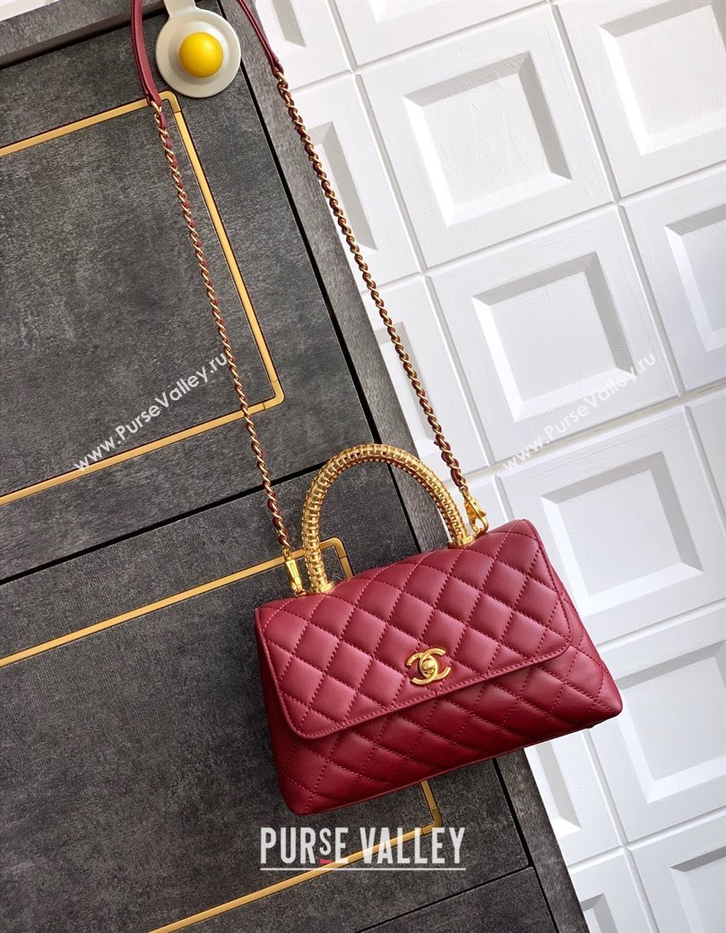 Chanel Coco Handle Calfskin Small Flap Bag with Woven Top with Strass Burgundy 2025 (yezi-250812012)