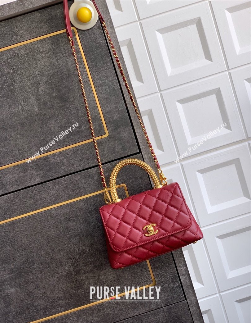 Chanel Coco Handle Calfskin Mini Flap Bag with Woven Top with Strass AS2215 Burgundy 2025 (yezi-250812016)