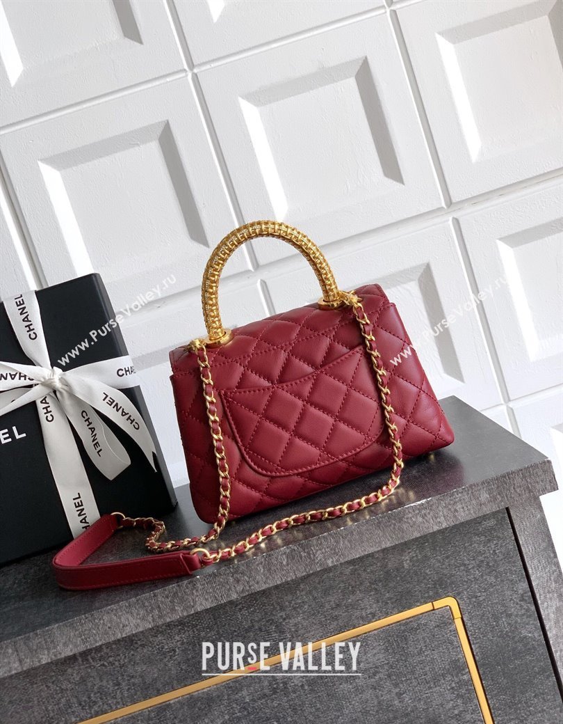 Chanel Coco Handle Calfskin Mini Flap Bag with Woven Top with Strass AS2215 Burgundy 2025 (yezi-250812016)