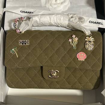 Chanel Quilted Canvas Classic Medium Flap Bag with Charm A01112 Green 2025 0812 (yezi-250812039)