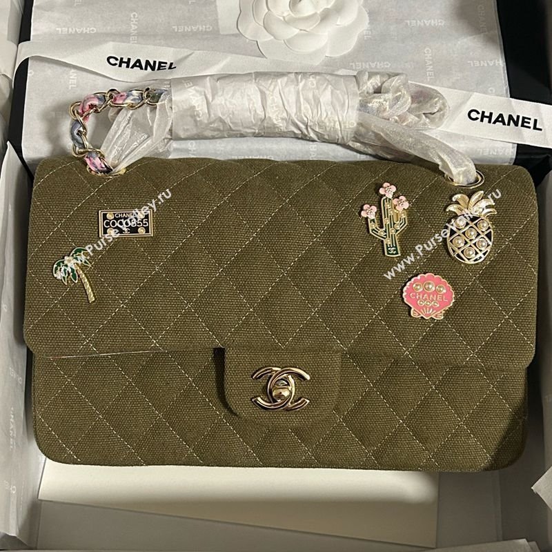 Chanel Quilted Canvas Classic Medium Flap Bag with Charm A01112 Green 2025 0812 (yezi-250812039)
