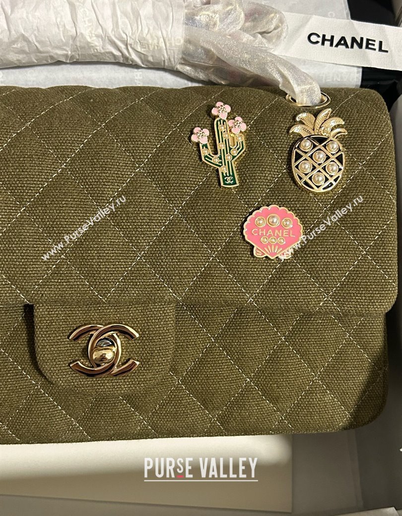 Chanel Quilted Canvas Classic Medium Flap Bag with Charm A01112 Green 2025 0812 (yezi-250812039)