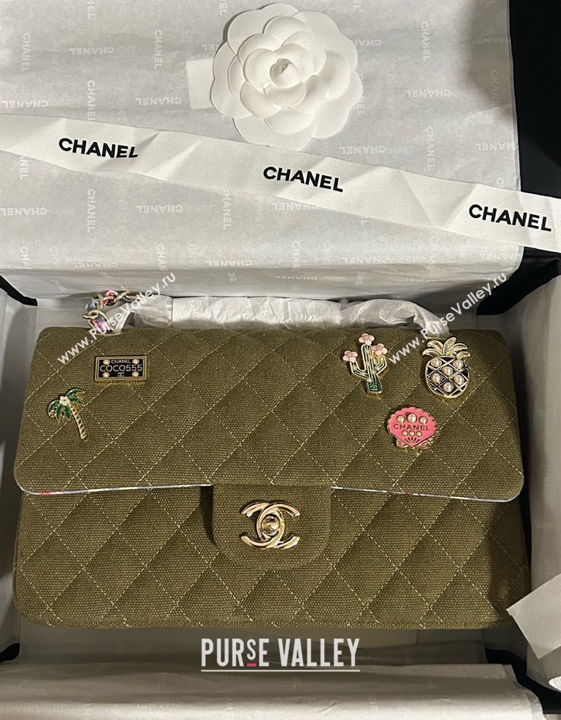 Chanel Quilted Canvas Classic Medium Flap Bag with Charm A01112 Green 2025 0812 (yezi-250812039)