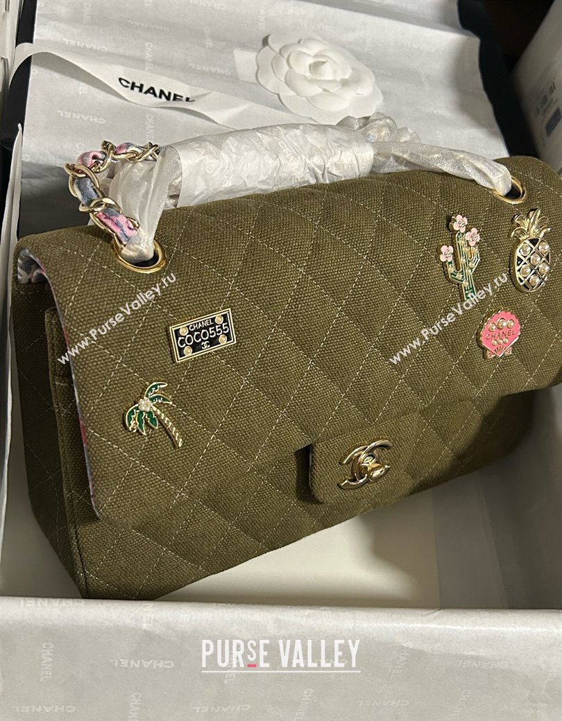 Chanel Quilted Canvas Classic Medium Flap Bag with Charm A01112 Green 2025 0812 (yezi-250812039)