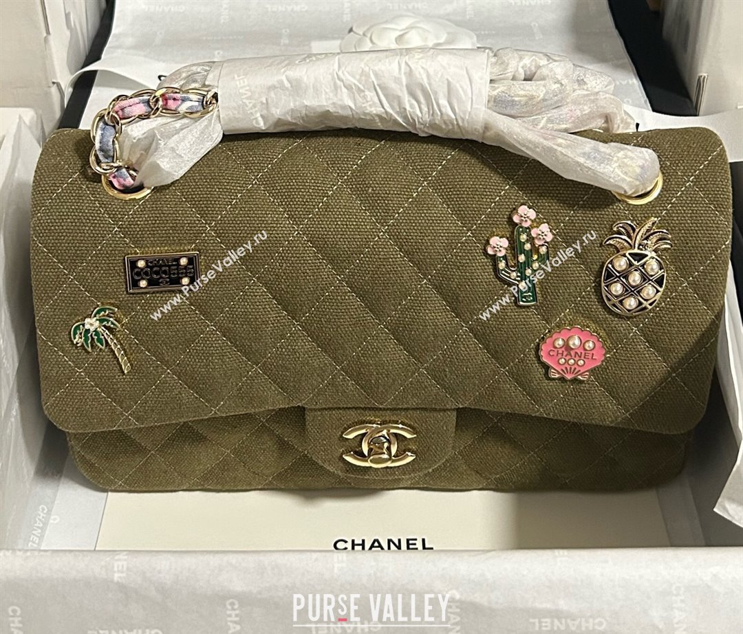 Chanel Quilted Canvas Classic Medium Flap Bag with Charm A01112 Green 2025 0812 (yezi-250812039)