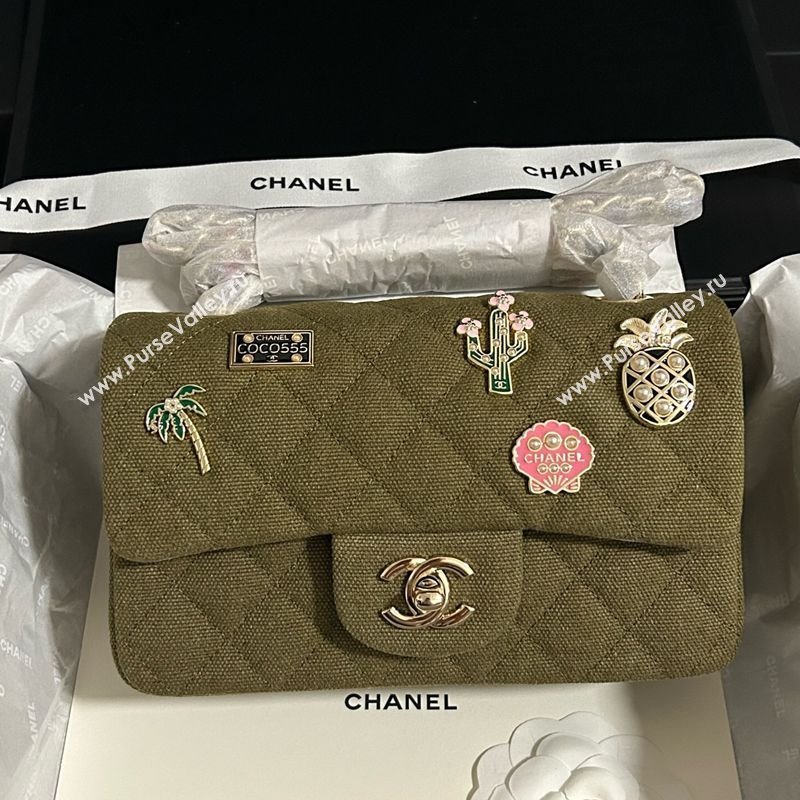 Chanel Quilted Canvas Classic Mini Flap Bag with Charm A69900 Green 2025 0812 (yezi-250812040)