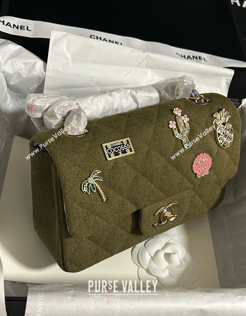 Chanel Quilted Canvas Classic Mini Flap Bag with Charm A69900 Green 2025 0812 (yezi-250812040)