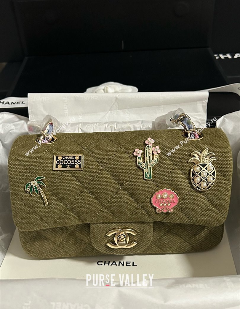 Chanel Quilted Canvas Classic Mini Flap Bag with Charm A69900 Green 2025 0812 (yezi-250812040)