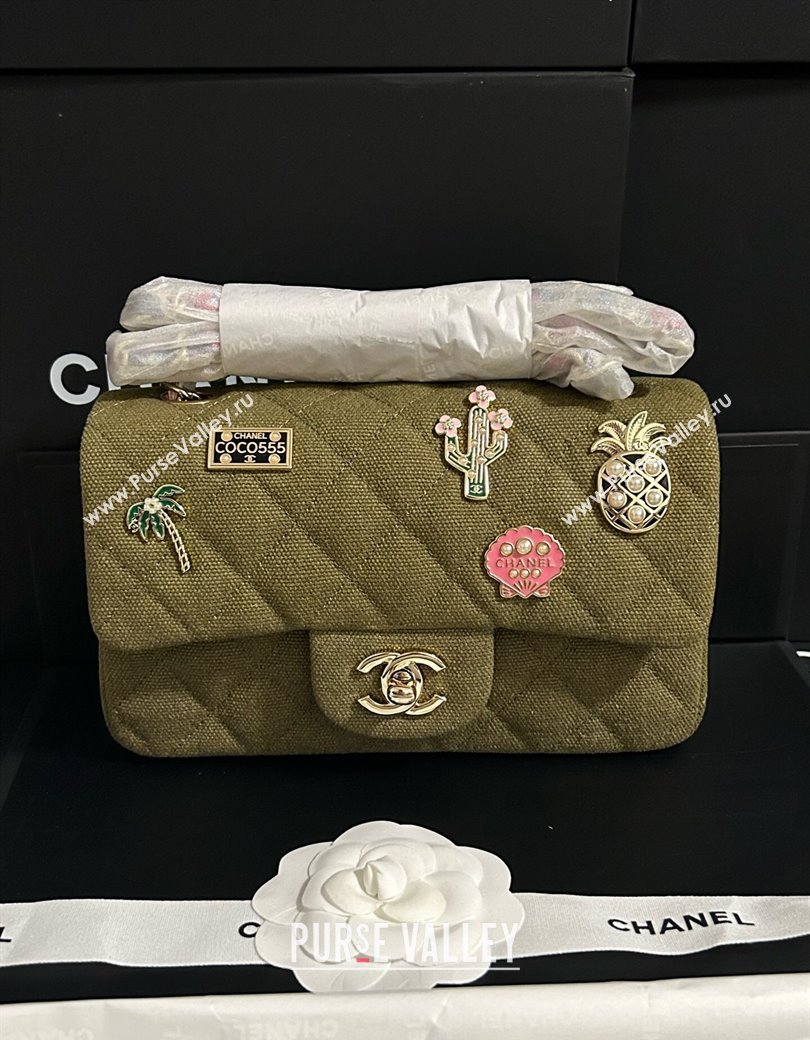 Chanel Quilted Canvas Classic Mini Flap Bag with Charm A69900 Green 2025 0812 (yezi-250812040)
