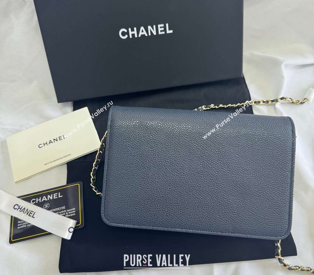 Chanel Grained Shiny Calfskin Wallet On Chain WOC with Maxi CC Blue 2025 AP6809 (yezi-250812043)