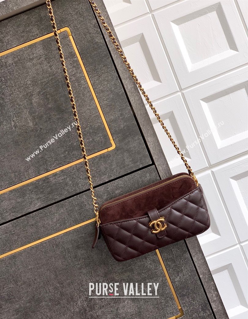Chanel Suede Shiny Lambskin Zipped Phone Holder with Chain Coffee Brown 2025 AP4743 (yezi-250812066)