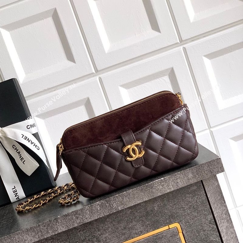 Chanel Suede Shiny Lambskin Zipped Phone Holder with Chain Coffee Brown 2025 AP4743 (yezi-250812066)