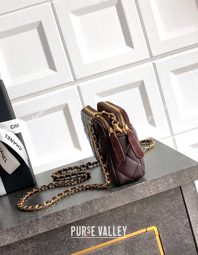 Chanel Suede Shiny Lambskin Zipped Phone Holder with Chain Coffee Brown 2025 AP4743 (yezi-250812066)