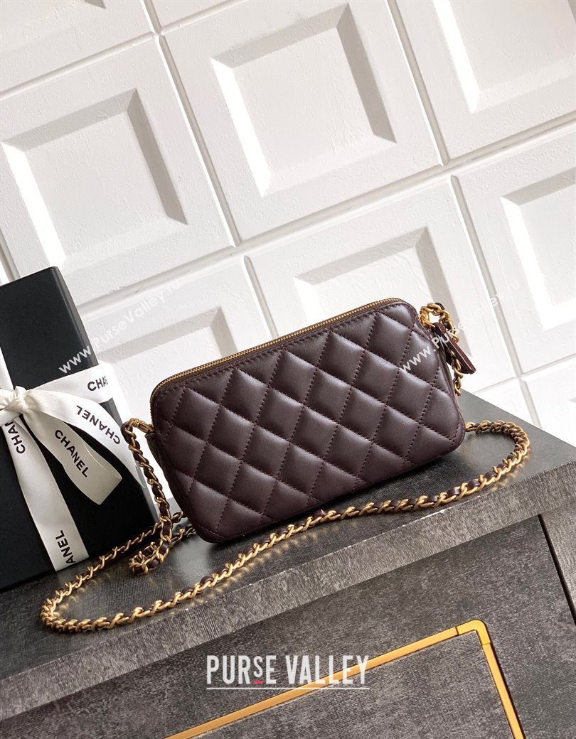 Chanel Suede Shiny Lambskin Zipped Phone Holder with Chain Coffee Brown 2025 AP4743 (yezi-250812066)