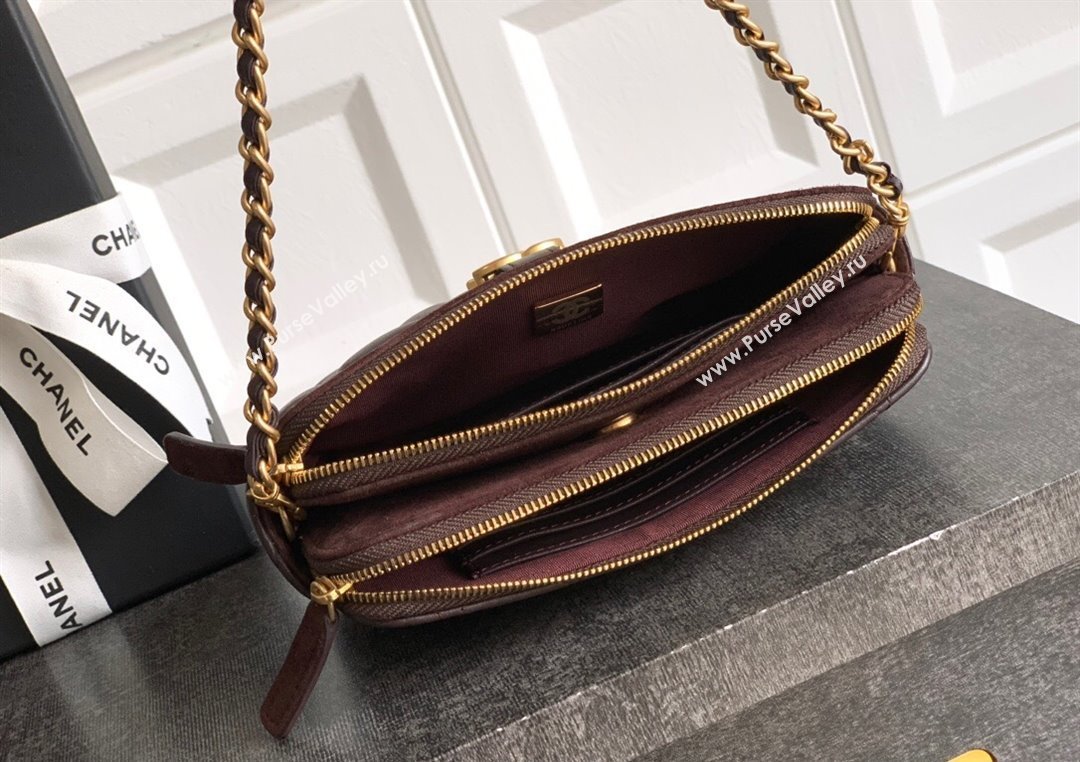 Chanel Suede Shiny Lambskin Zipped Phone Holder with Chain Coffee Brown 2025 AP4743 (yezi-250812066)