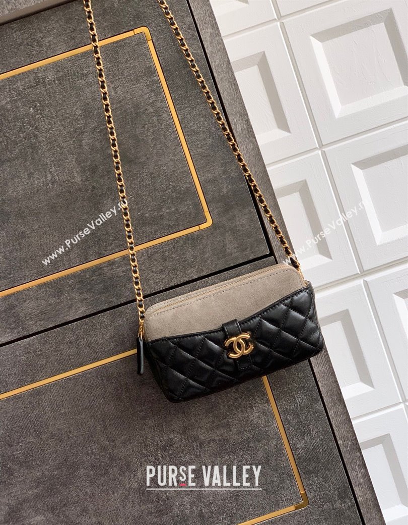 Chanel Suede Shiny Lambskin Zipped Phone Holder with Chain Black/Grey 2025 AP4743 (yezi-250812067)