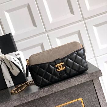 Chanel Suede Shiny Lambskin Zipped Phone Holder with Chain Black/Grey 2025 AP4743 (yezi-250812067)