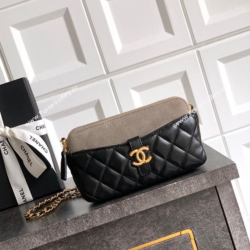 Chanel Suede Shiny Lambskin Zipped Phone Holder with Chain Black/Grey 2025 AP4743 (yezi-250812067)