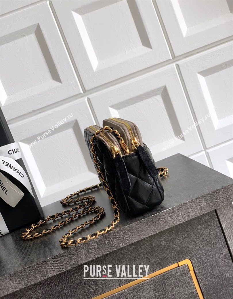 Chanel Suede Shiny Lambskin Zipped Phone Holder with Chain Black/Grey 2025 AP4743 (yezi-250812067)