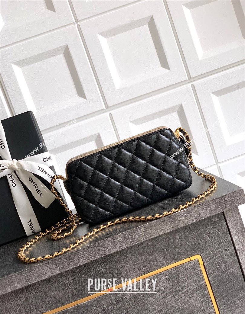 Chanel Suede Shiny Lambskin Zipped Phone Holder with Chain Black/Grey 2025 AP4743 (yezi-250812067)