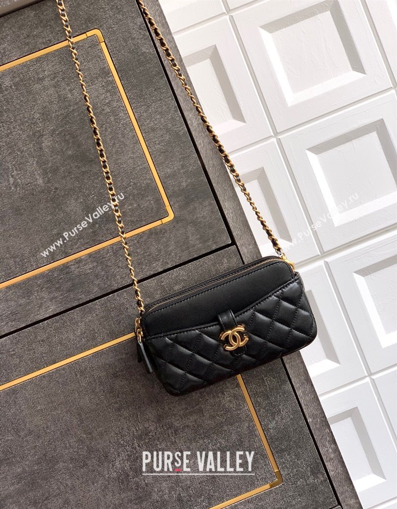 Chanel Calfskin Shiny Lambskin Zipped Phone Holder with Chain Black 2025 AP4743 (yezi-250812068)
