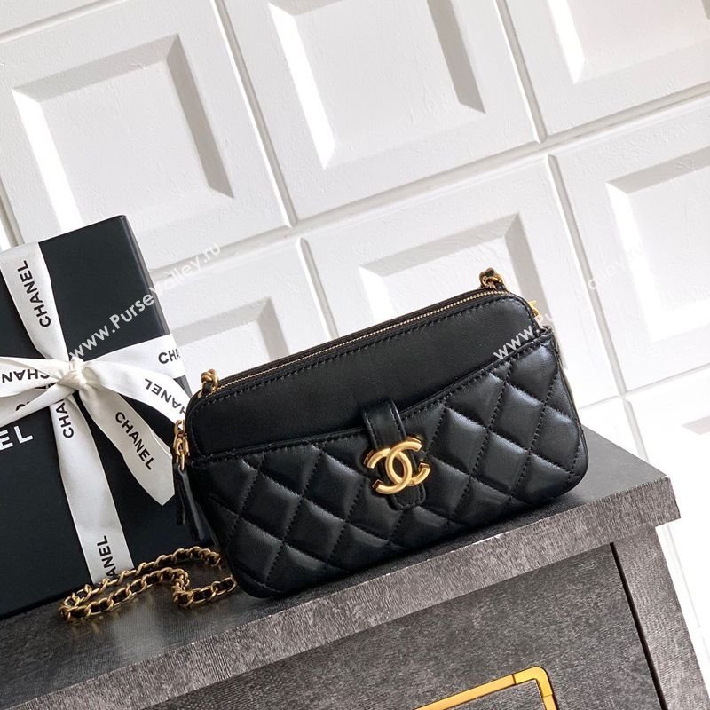 Chanel Calfskin Shiny Lambskin Zipped Phone Holder with Chain Black 2025 AP4743 (yezi-250812068)