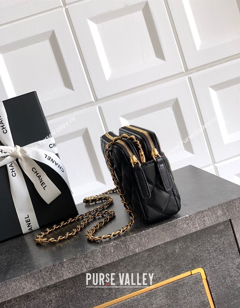 Chanel Calfskin Shiny Lambskin Zipped Phone Holder with Chain Black 2025 AP4743 (yezi-250812068)
