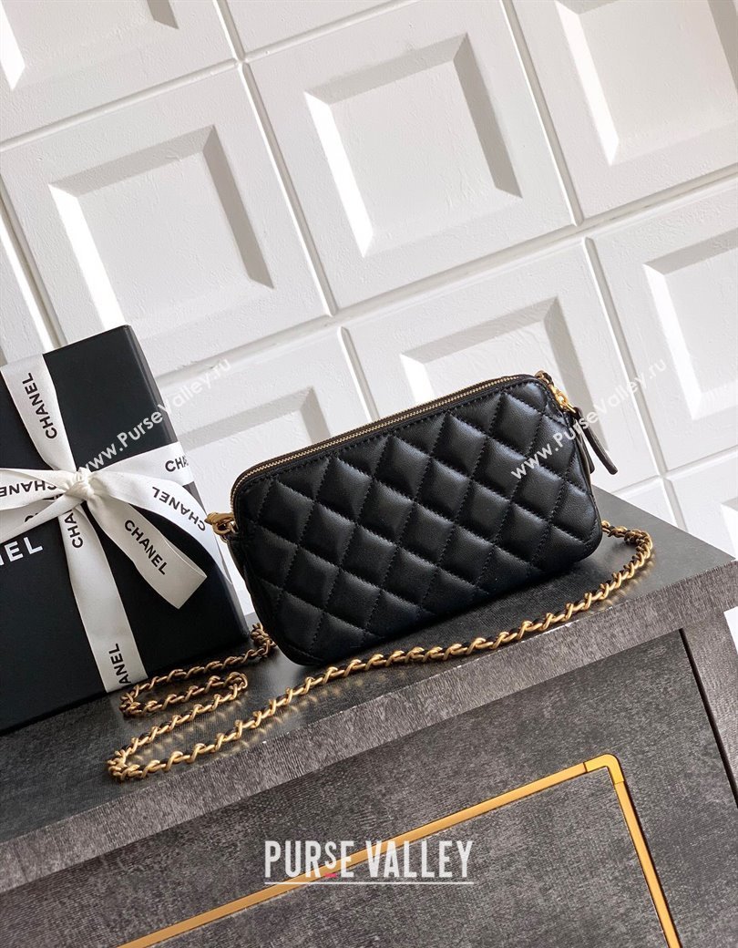 Chanel Calfskin Shiny Lambskin Zipped Phone Holder with Chain Black 2025 AP4743 (yezi-250812068)