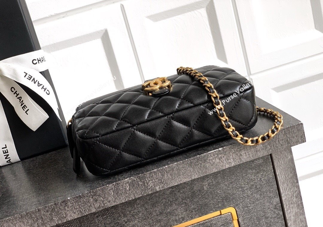 Chanel Calfskin Shiny Lambskin Zipped Phone Holder with Chain Black 2025 AP4743 (yezi-250812068)