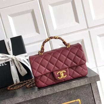 Chanel Grained Shiny Calfskin Mini Flap Bag with Top Handle and Chain AS5701 Burgundy 2025 (yezi-250812110)