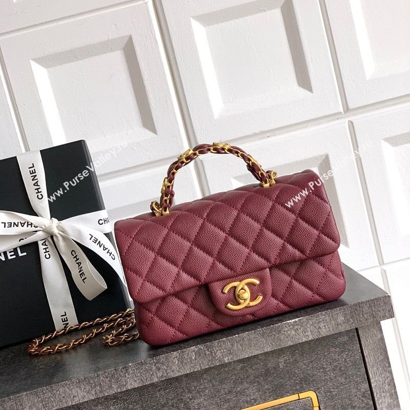 Chanel Grained Shiny Calfskin Mini Flap Bag with Top Handle and Chain AS5701 Burgundy 2025 (yezi-250812110)