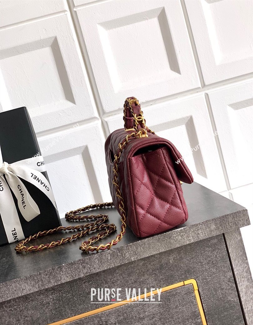 Chanel Grained Shiny Calfskin Mini Flap Bag with Top Handle and Chain AS5701 Burgundy 2025 (yezi-250812110)